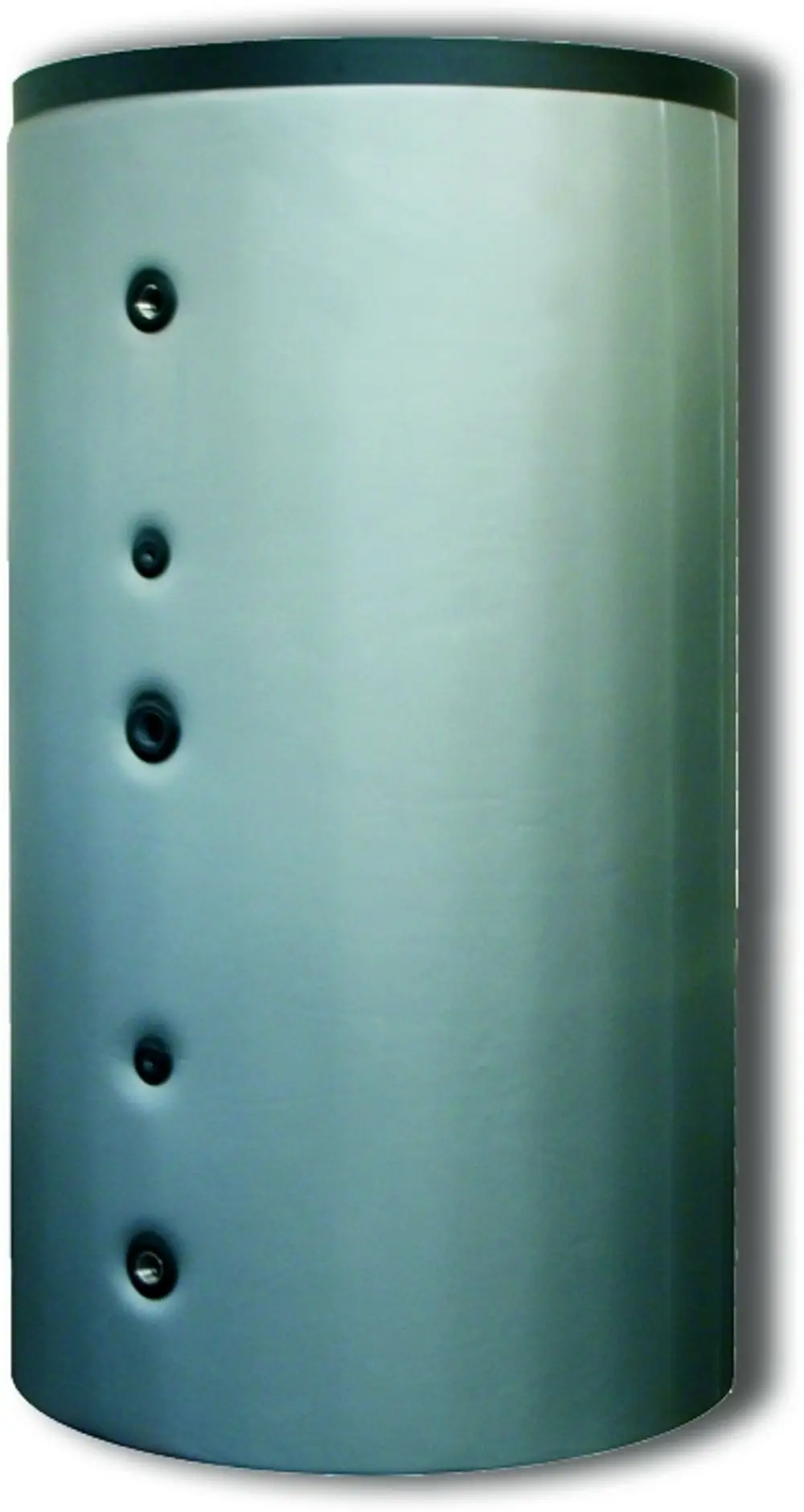 Pufferspeicher in zylindrischer Form, grau mit mehreren Anschlussöffnungen, hergestellt von Wolf. Der Speicher hat eine glatte Oberfläche und keine sichtbaren Thermostate.